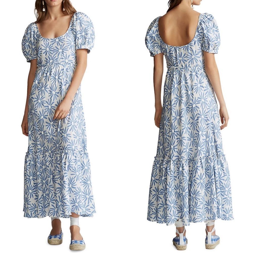 Polo Ralph Lauren Kai Floral Linen Midi Dress In Blue